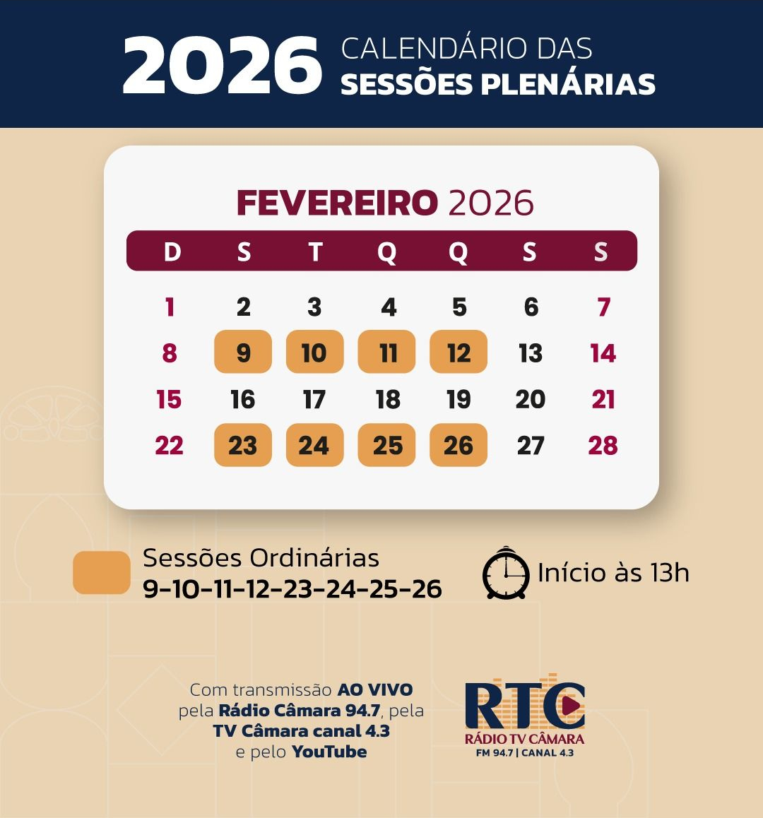 Reuniões plenárias de fevereiro dias 09,10,11,12,23,24,25e 26. Inicio às 13 horas.