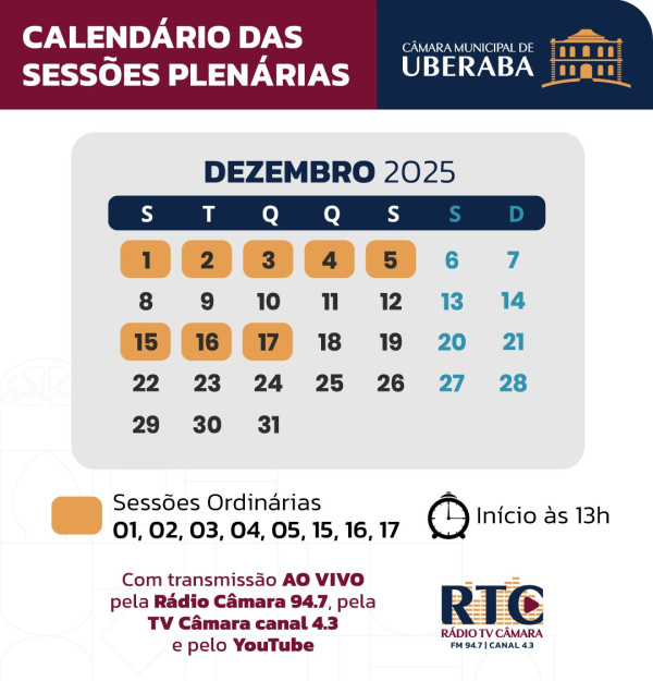 Reuniões plenárias de dezembro dias 01, 02, 03, 04, 05, 15, 16 e 17. Inicio às 13 horas,