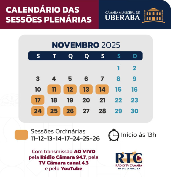 Reuniôes plenárias novembro dias 11, 12, 13, 14, 17, 24, 25 e 26. Inicio às 13 horas, com tranmissao ao vivo pela radio camara 94.7, pela tv camara cana 4.3 e pelo nosso canal do youtube.