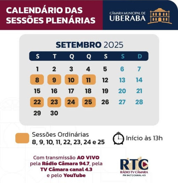 Reuniões Plenárias Setembro de 2025. Dias 8,9,10,11,22,23,24,25. Inicio às 13 horas. Clique para acessar as reuniões pelo canal do YouTube